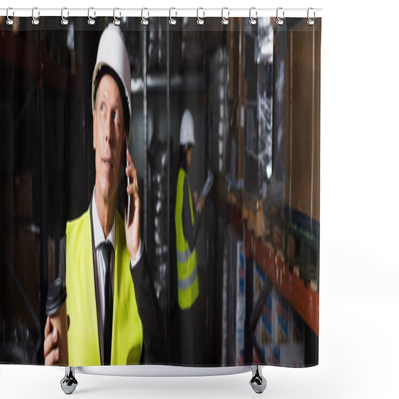 Personality  Middle Aged Worker In Hard Hat And Safety Vest Holding Coffee To Go While Having Phone Call, Banner Shower Curtains