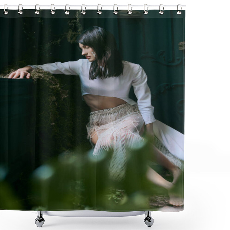 Personality  A Woman In A White Dress Poses Near A Swamp. Shower Curtains