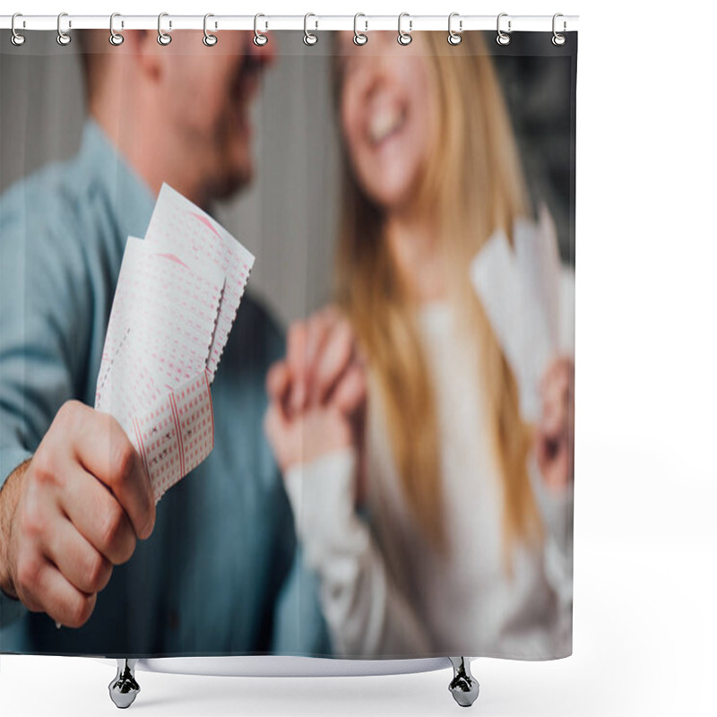 Personality  Cropped View Of Happy Man And Woman Holding Hands While Holding Lottery Tickets Shower Curtains