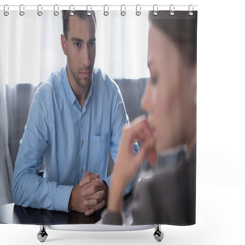 Personality  Selective Focus Of Woman And Serious Man With Clenched Hands Shower Curtains