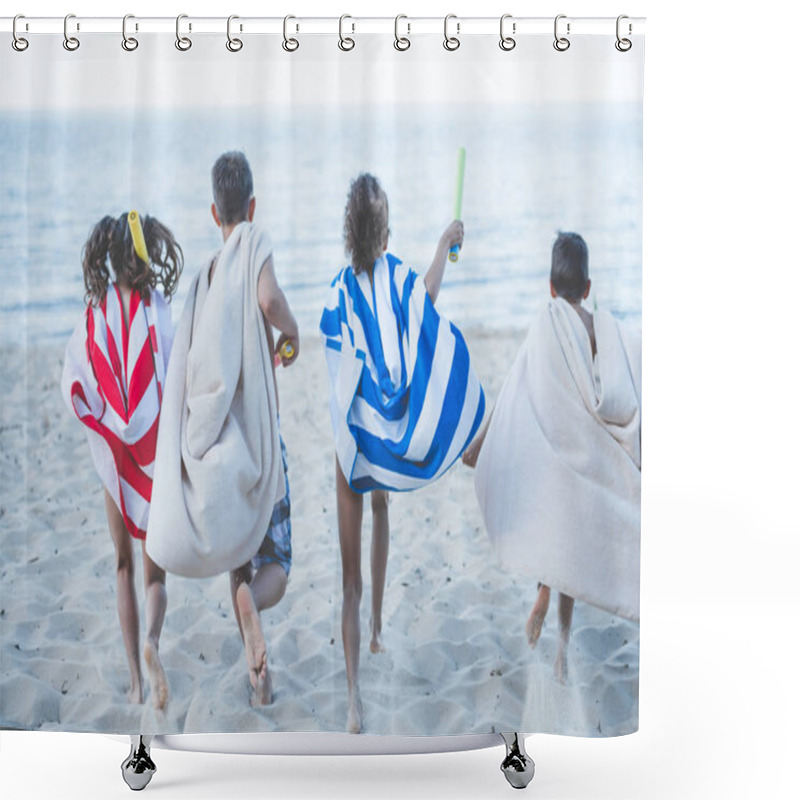 Personality  Children With Towels Running On Beach Shower Curtains