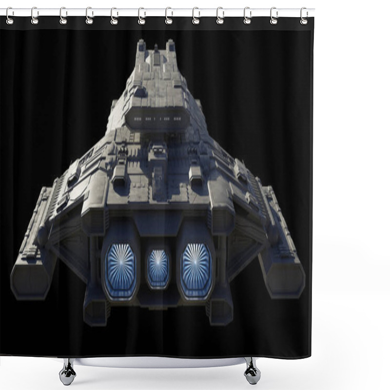 Personality  Science Fiction Illustration Of A Spaceship Carrier Vessel With Glowing Blue Engines, Isolated On Black In Rear View, 3d Digitally Rendered Illustration Shower Curtains