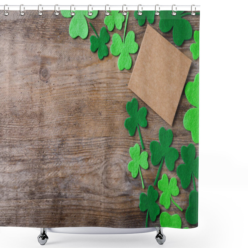 Personality  Flat Lay Composition With Clover Leaves On Wooden Table, Space For Text. St. Patrick's Day Celebration Shower Curtains