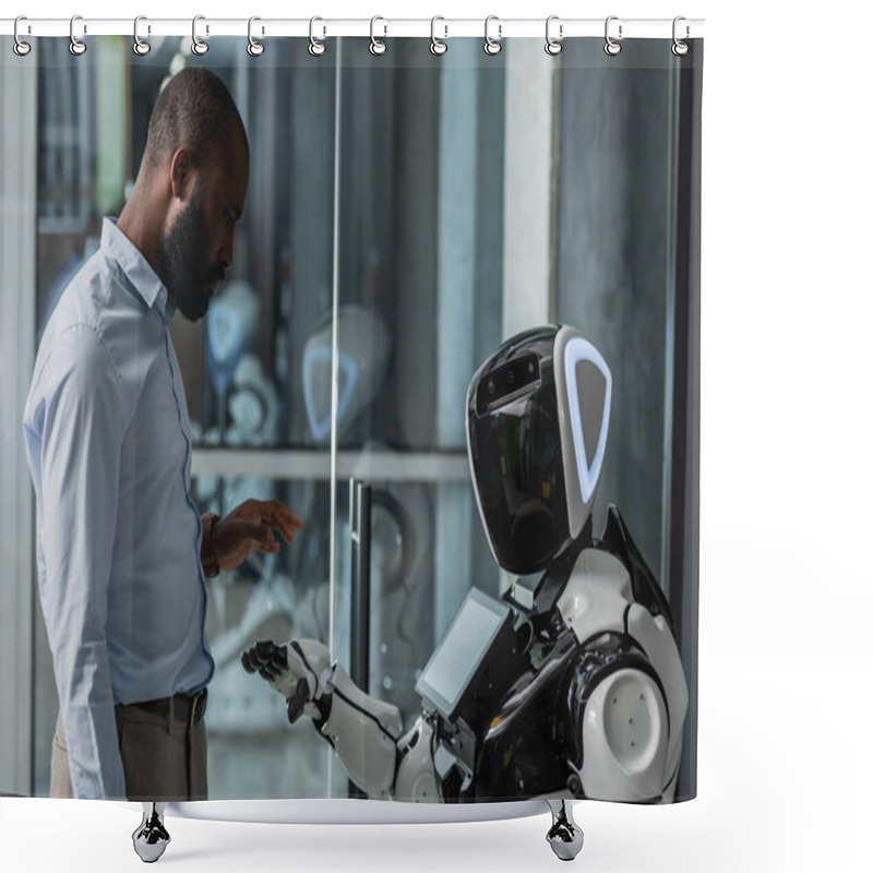 Personality  African American Businessman Standing Near Humanoid Robot In Office Shower Curtains