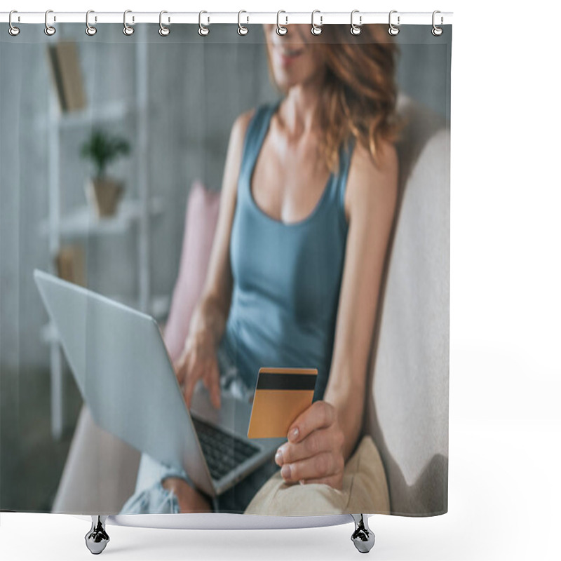 Personality  Cropped Image Of Woman Shopping Online With Laptop And Credit Card At Home Shower Curtains