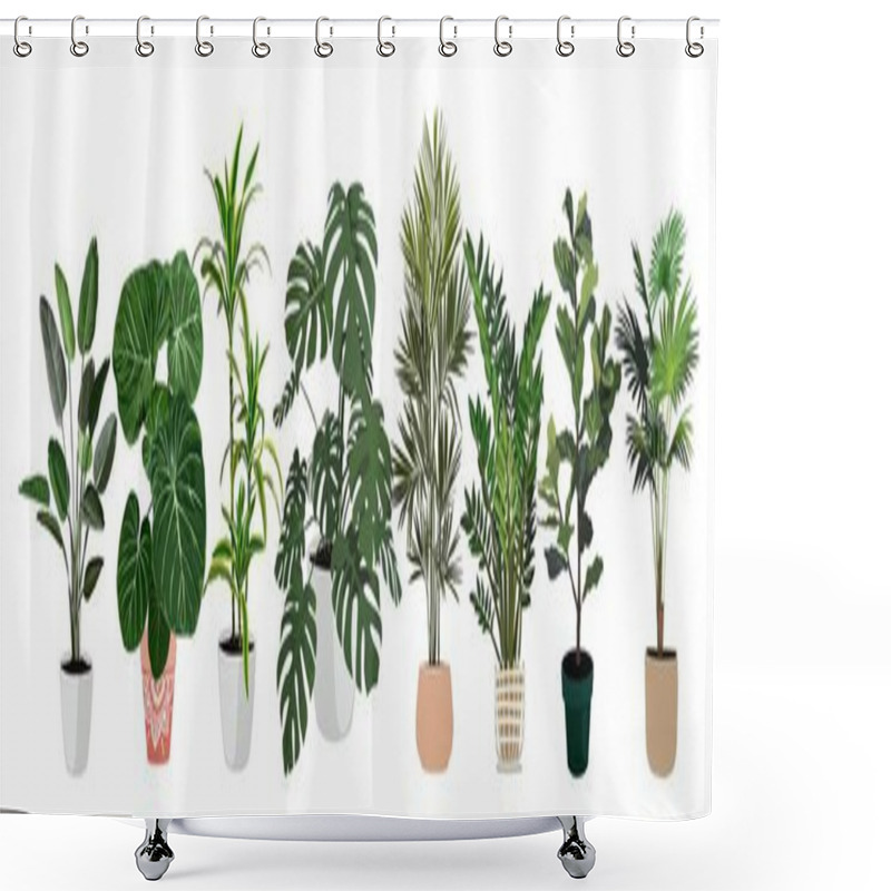 Personality  Indoor Plants Vector Illustrations Set. Realistic House Plants In Hand Made Pots. Exotic Flowers With Stems And Leaves. Ficus, Palm, Monstera, Dracaena, Yucca, Isolated Botanical Design Elements. Shower Curtains