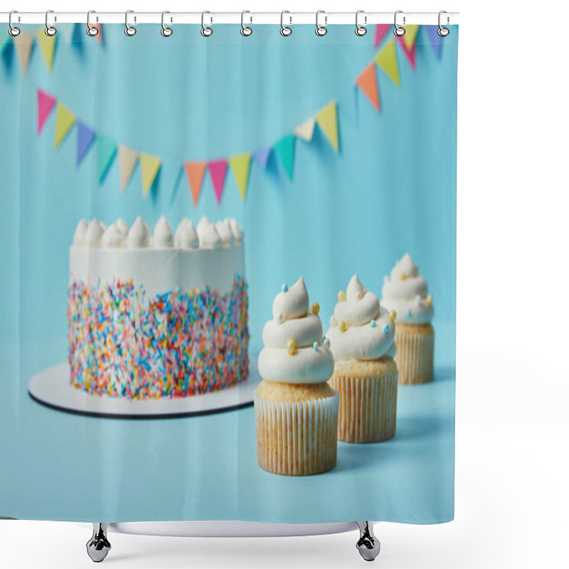 Personality  Delicious Cupcakes And Cake With Sugar Sprinkles On Blue Background With Bunting Shower Curtains