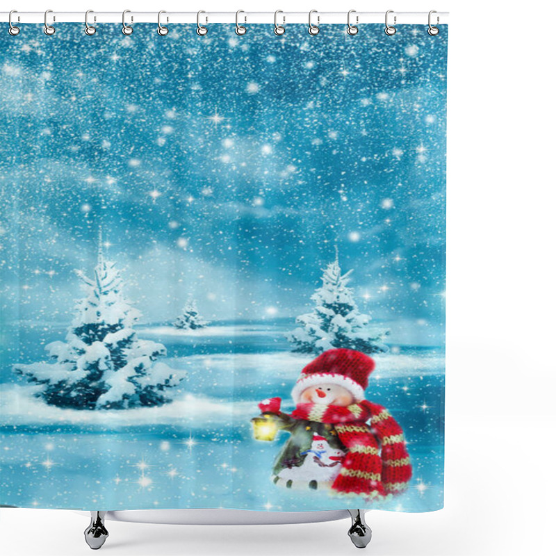 Personality  Background For A Christmas Greeting Card With A Picture Of A Winter Landscape, A Snowman And A Greeting Inscription Shower Curtains