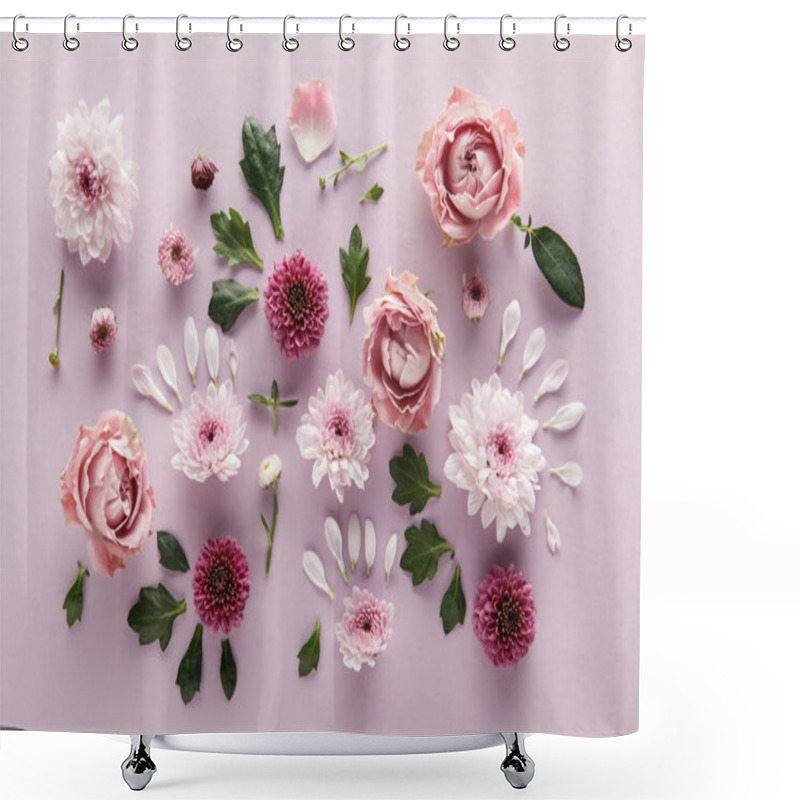 Personality  Top View Of Blooming Spring Chrysanthemums And Roses With Leaves And Petals On Violet Background Shower Curtains