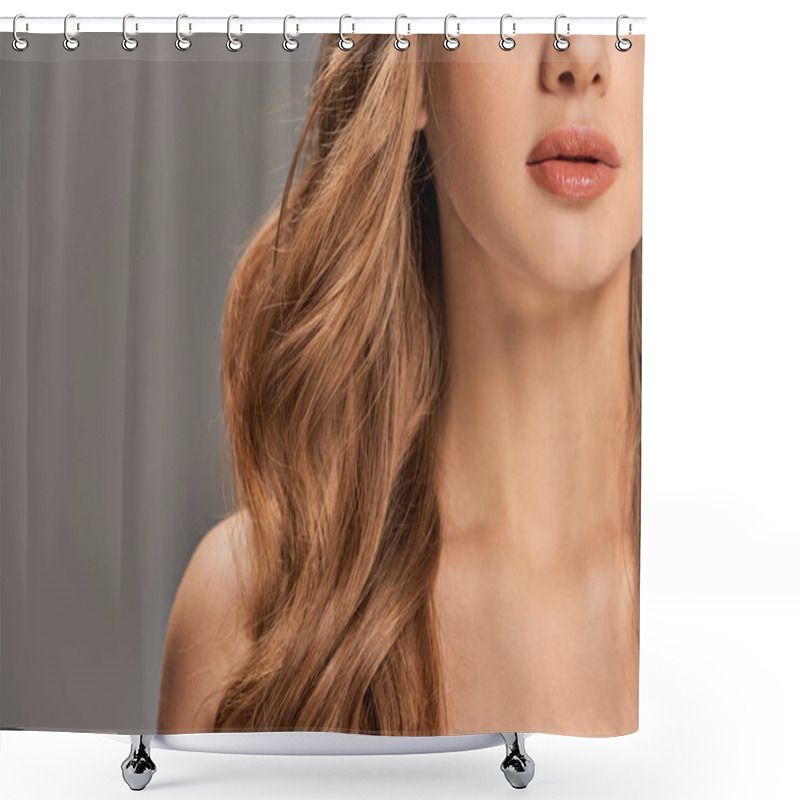 Personality  Cropped View Of Young Beautiful Woman With Long Wavy Hair, Radiating Elegance And Charm. Shower Curtains