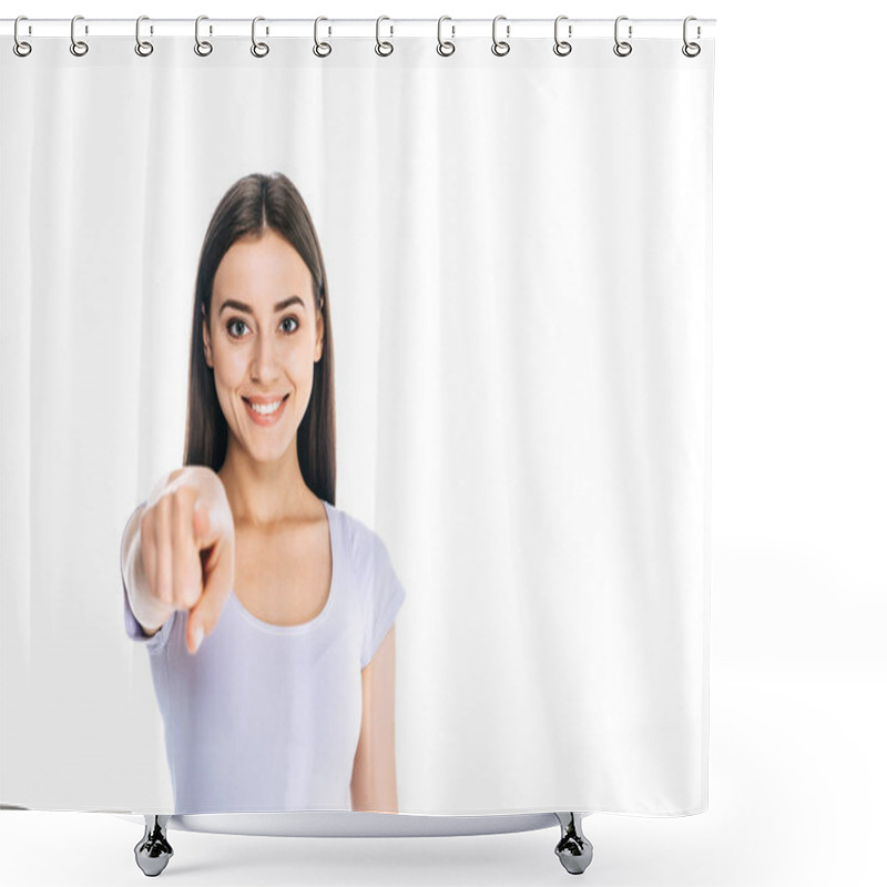 Personality  Portrait Of Smiling Attractive Woman Pointing At Camera Isolated On White Shower Curtains