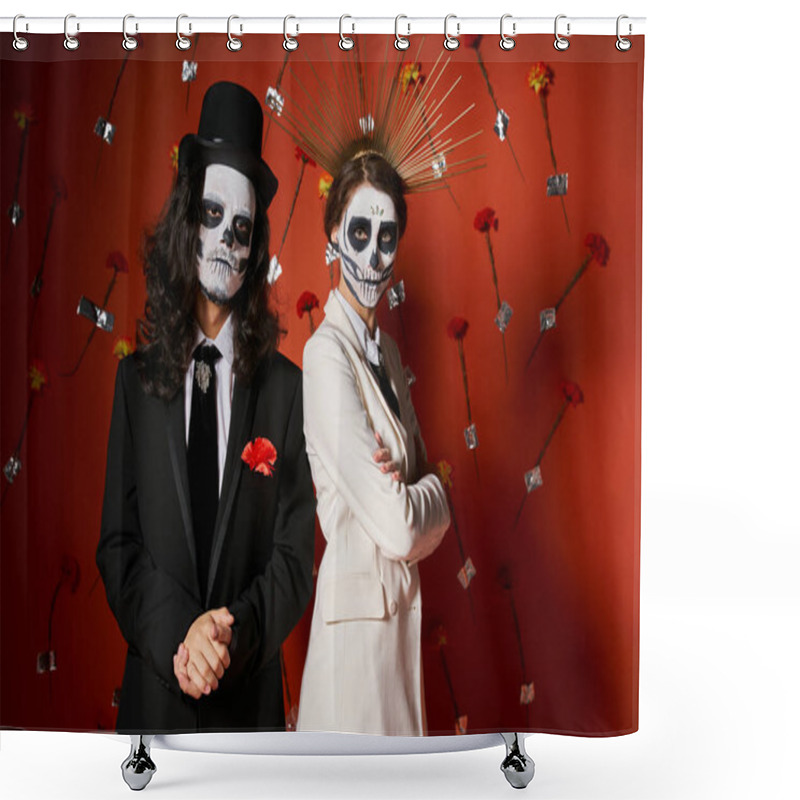 Personality  Woman In Crown And Skull Makeup With Folded Arms Near Spooky Man In Top Hat On Red Floral Backdrop Shower Curtains