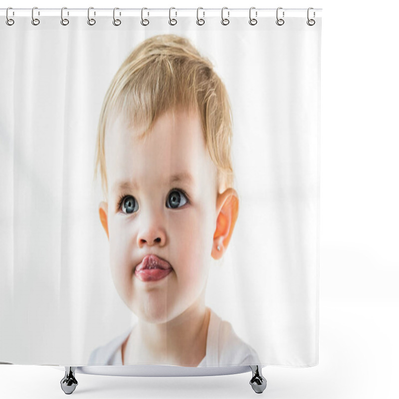 Personality  Adorable Child With Blonde Hair Showing Tongue Isolated On White Shower Curtains