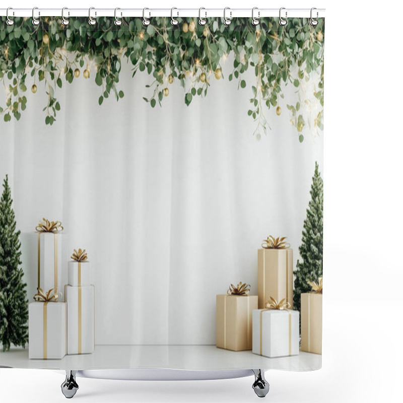 Personality  Elegant Festive Scene With Golden Gifts And Greenery Accents. Shower Curtains