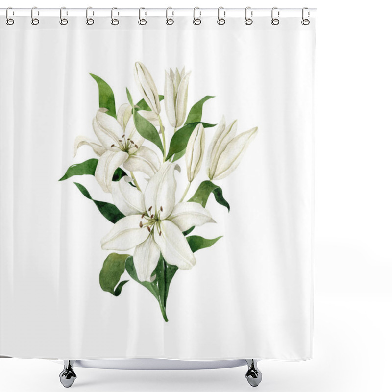 Personality  Watercolor White Lilies Single Vertical Bouquet Isolated On White Background. Floral CompositionHand Drawn Clipart For Wedding Invitations, Birthday Stationery, Greeting Cards, Scrapbooking. Shower Curtains