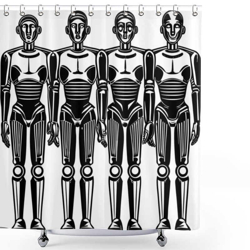 Personality  Minimalist Silhouettes Of Humanoid Robots, Representing Advanced AI Technology, Futuristic Innovation, And The Evolving Role Of Robotics In Human Life. Perfect For Sci-fi Projects, Tech Branding, And AI-themed Visuals. Shower Curtains