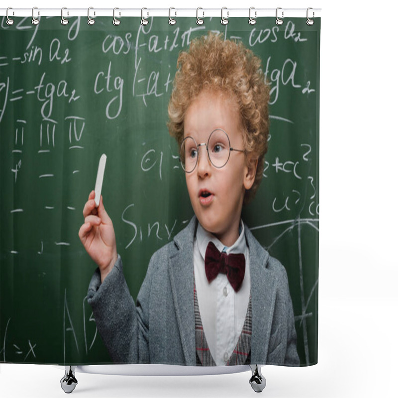 Personality  Smart Child In Suit And Bow Tie Holding Chalk Near Chalkboard With Mathematical Formulas  Shower Curtains