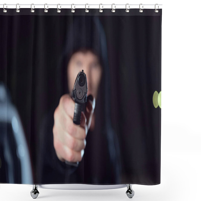 Personality  Selective Focus Of Gun In Hand Of Thief In Black Hoodie  Shower Curtains