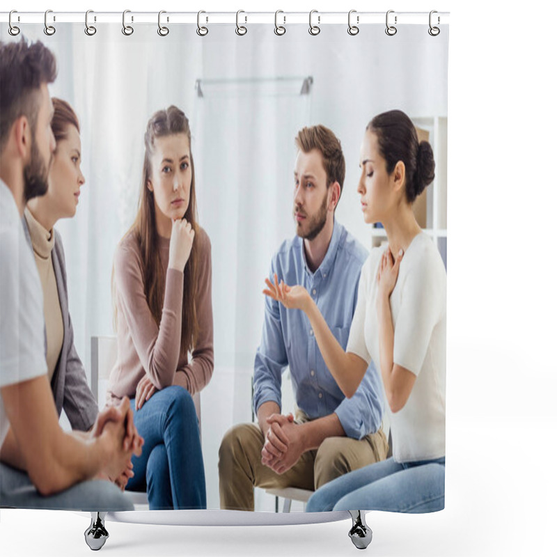 Personality  People Sitting On Chairs And Having Discussion During Support Group Meeting Shower Curtains