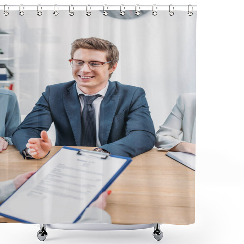 Personality  Selective Focus Of Cheerful Recruiter Near Colleagues And Woman Holding Clipboard On Job Interview  Shower Curtains