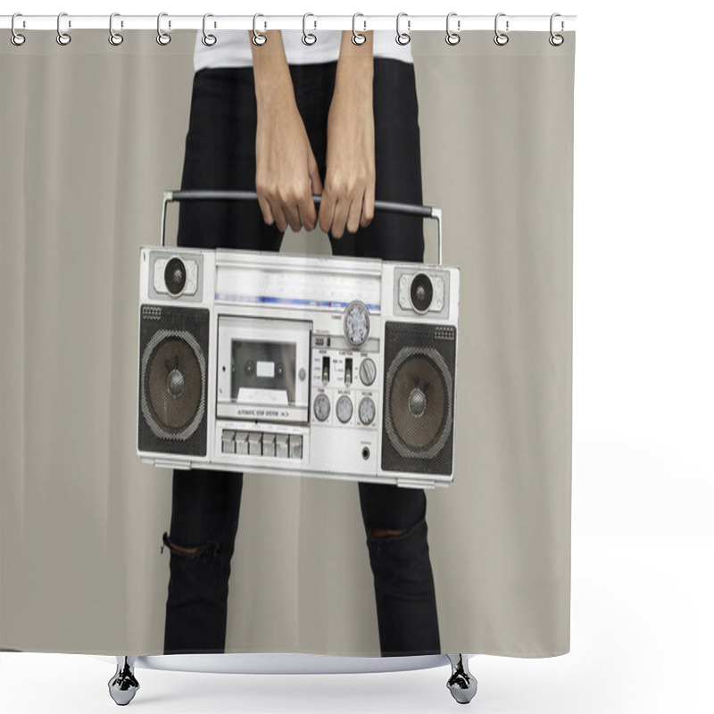 Personality  Person Holding Old Retro Radio Shower Curtains