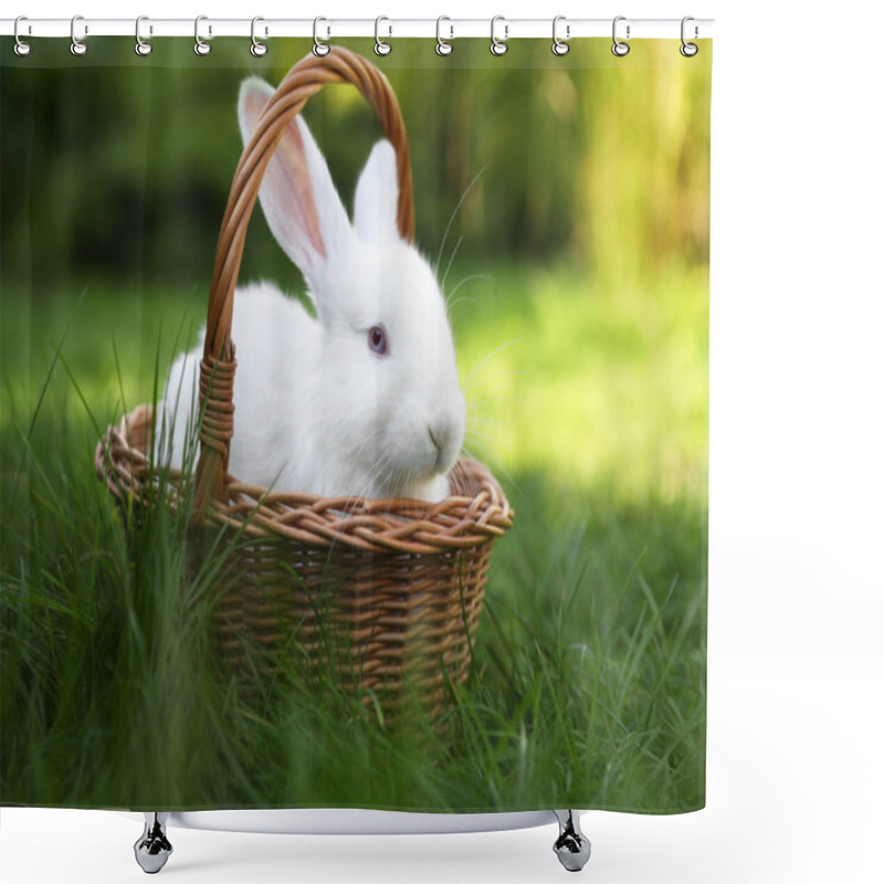 Personality  Cute White Rabbit In Wicker Basket On Grass Outdoors Shower Curtains