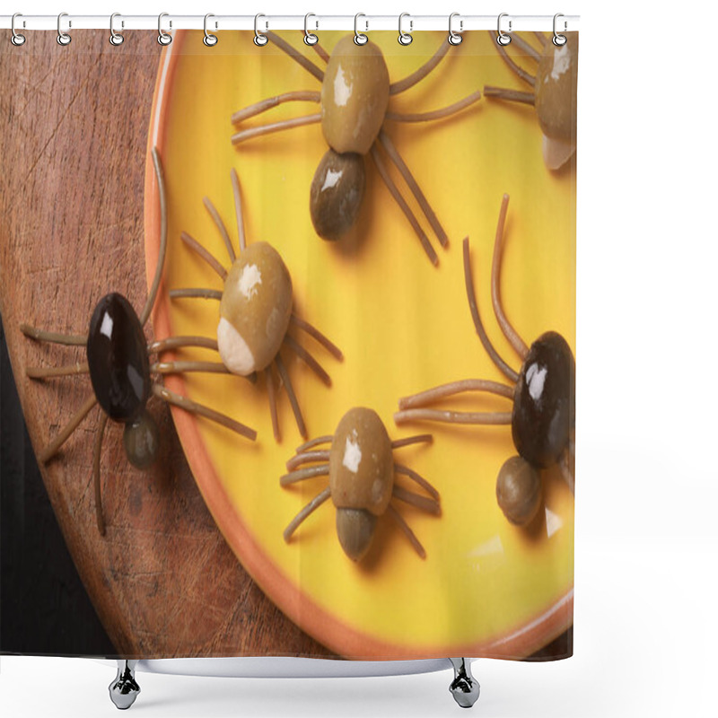 Personality  Cute Spooky Halloween Spider Appetizers Made From Green, Black And Stuffed Olives With Spaghetti Legs Crawling Off A Yellow Platter Onto A Wooden Table, View From Above Shower Curtains