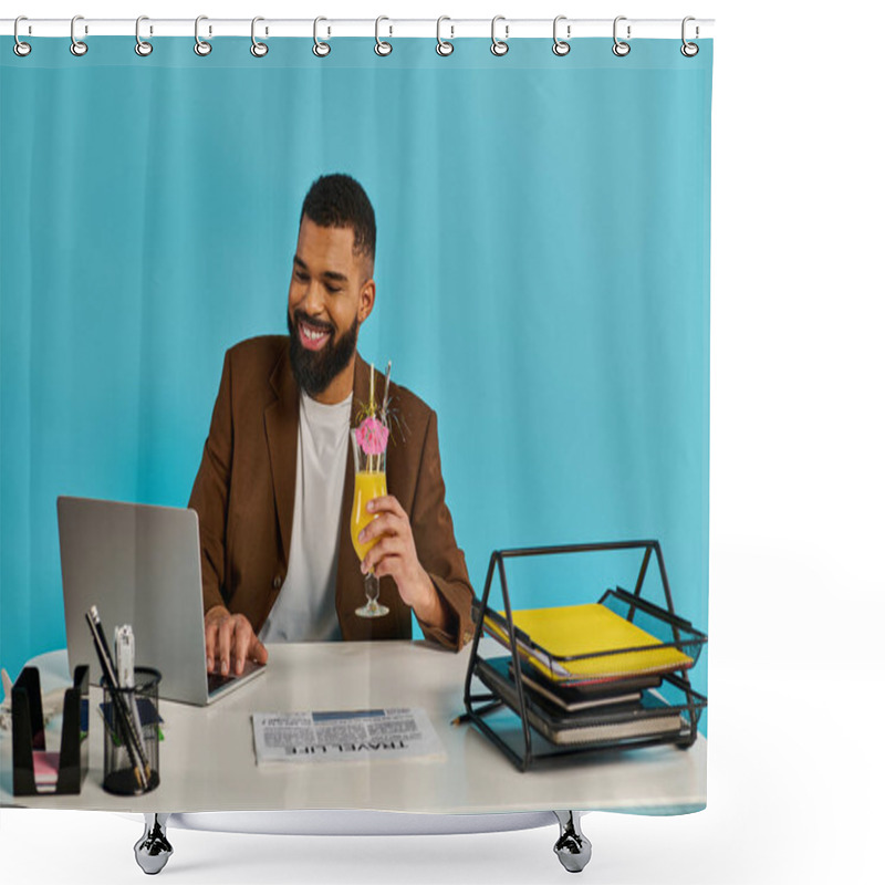 Personality  A Man Sits At A Desk With A Laptop Open In Front Of Him, Accompanied By A Drink. He Appears Focused And Engaged In His Work. Shower Curtains