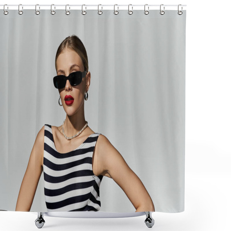 Personality  A Fashionable Woman With Blonde Hair Gracefully Poses In A Black And White Striped Swimsuit. Shower Curtains