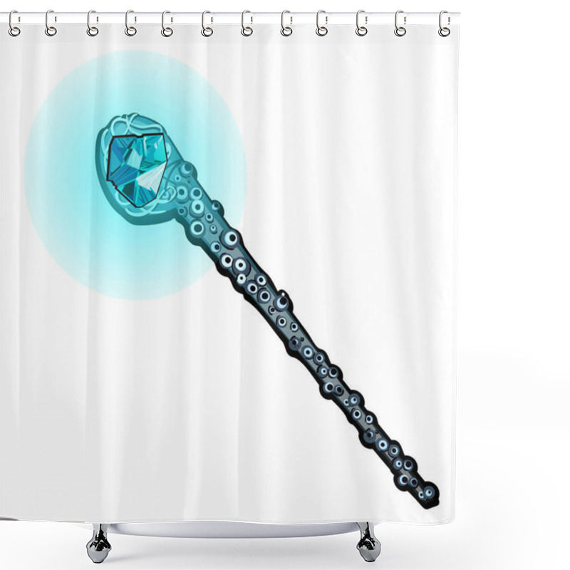 Personality  Magic Wand In The Form Of The Tentacles Of The Mollusk With A Precious Stone Aquamarine Is Isolated On A White Background. Vector Illustration. Shower Curtains