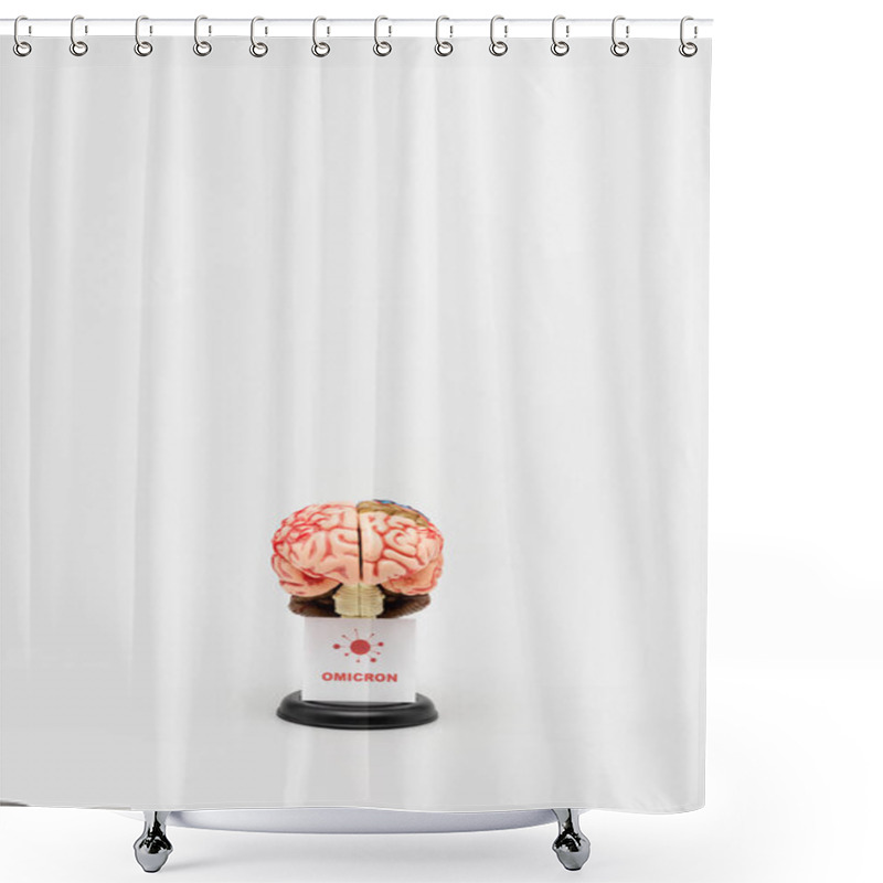 Personality  Card With Omicron Lettering And Bacteria Near Brain Model On Grey Background Shower Curtains