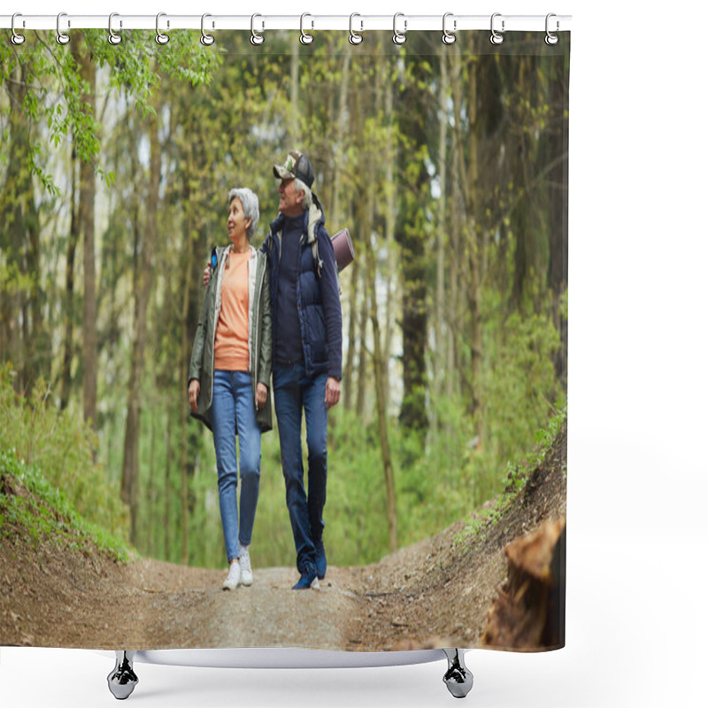 Personality  Full Length Portrait Of Active Senior Couple Walking Towards Camera While Enjoying Hike In Autumn Forest, Copy Space Shower Curtains