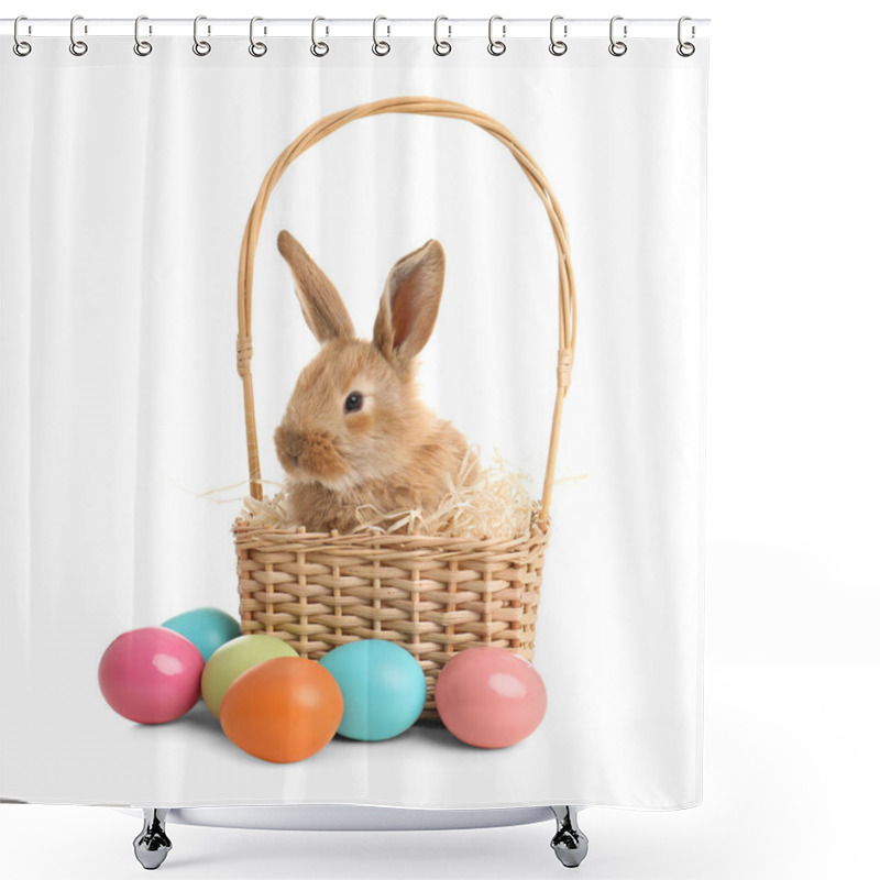 Personality  Adorable Furry Easter Bunny In Wicker Basket And Dyed Eggs On White Background Shower Curtains