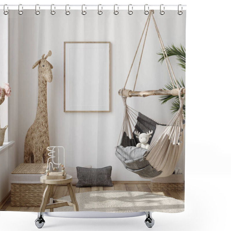 Personality  Mock Up Frame In Children Room With Natural Wooden Furniture, Farmhouse Style Interior Background, 3D Render Shower Curtains