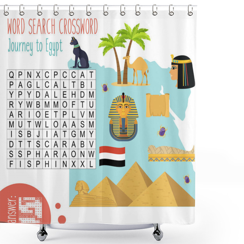 Personality  Easy Word Search Crossword Puzzle 'Journey To Egypt', For Children In Elementary And Middle School. Fun Way To Practice Language Comprehension And Expand Vocabulary. Includes Answers. Vector Illustration. Shower Curtains