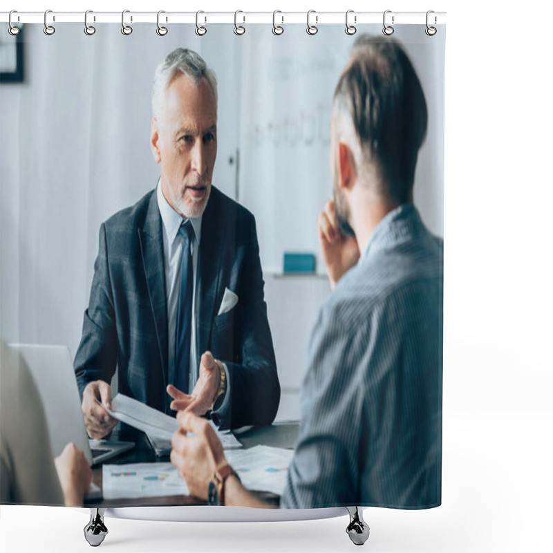 Personality  Investor Pointing At Papers Near Businesspeople And Laptop On Blurred Foreground  Shower Curtains