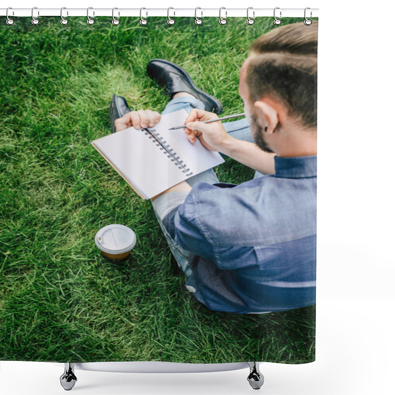 Personality  Man Writing In Notebook  Shower Curtains