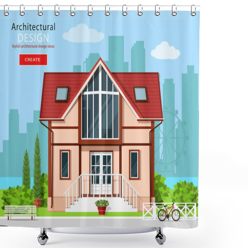 Personality  Cute Modern Private House Facade Design With Trees And City Skyline Background. Stylish Detailed Building Exterior. Front View. Flat Style Vector Illustration.  Shower Curtains