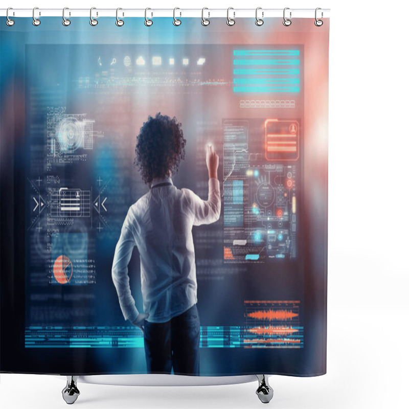 Personality  Businessman Working On A Futuristic Media Interface. Shower Curtains