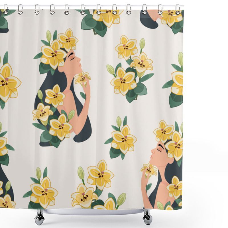 Personality  Beautiful Pattern With A Girl In Flowers. Vector Seamless Texture. Shower Curtains