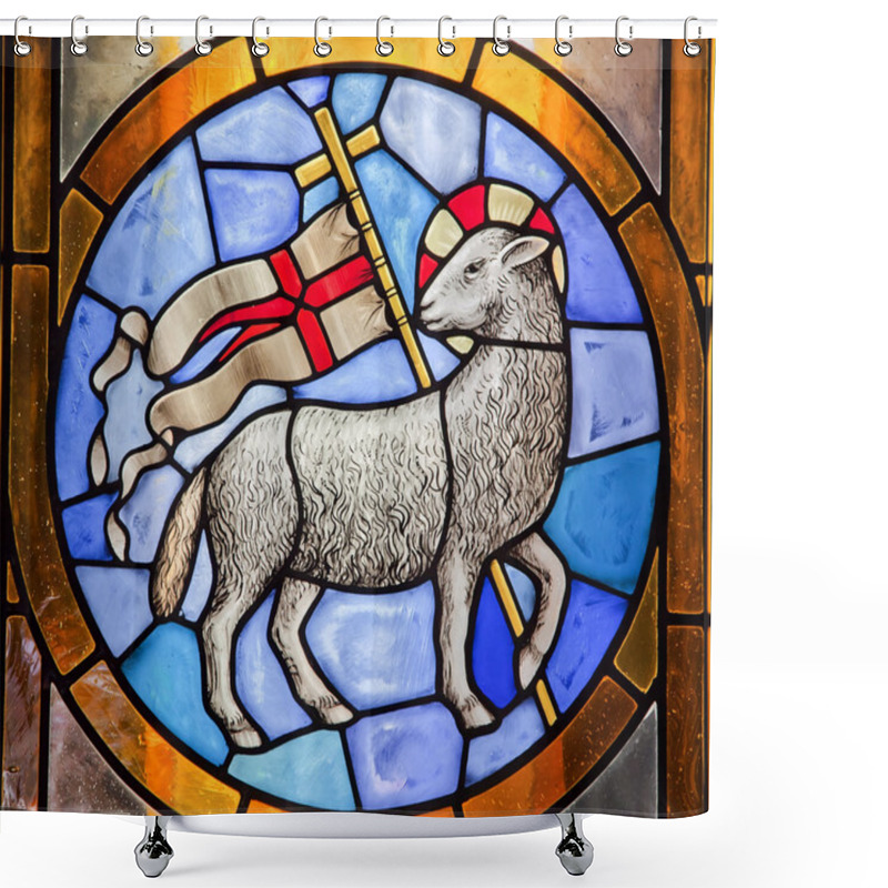 Personality  Lamb With Cross Stained Glass Duomo Cathedral Basilica Florence Shower Curtains