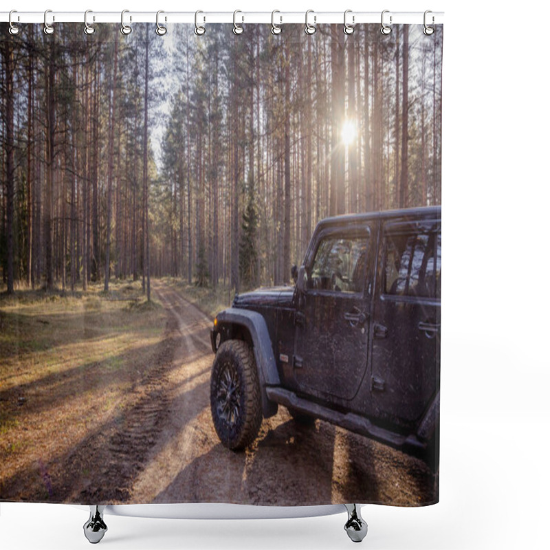 Personality  Leningrad Region. Russia, November 4, 2018: Jeep Wrangler Off-road In The Leningrad Region . Wrangler Is A Compact Four Wheel Drive Off Road And Sport Utility Vehicle Shower Curtains