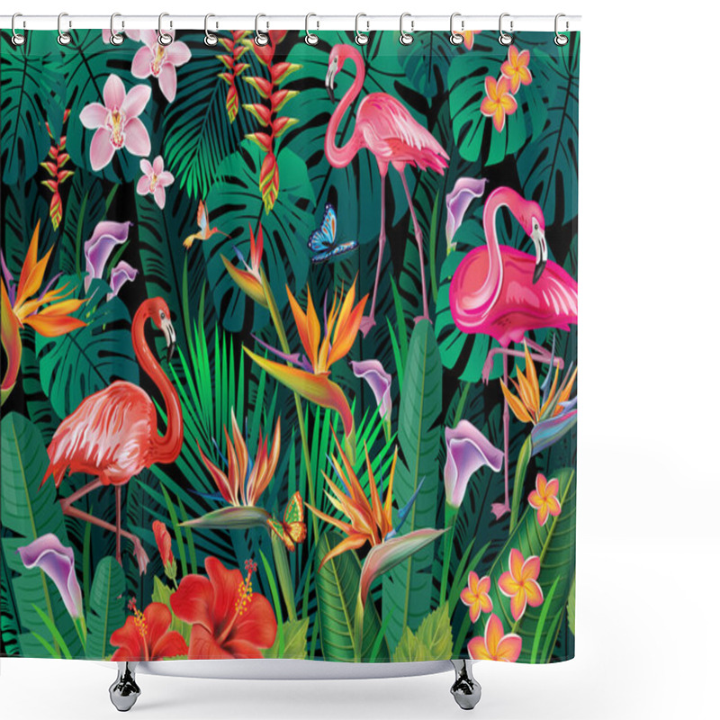 Personality  Tropical Background From Tropical Flowers, Leaves And Flamingoes Shower Curtains