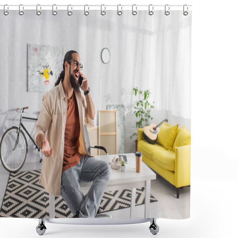 Personality  Laughing Hispanic Man Talking On Smartphone While Sitting On Desk In Modern Living Room Shower Curtains