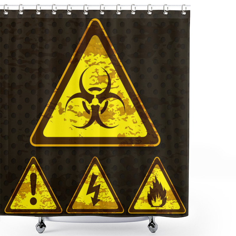 Personality  Set Of Grunge Warning Signs, Isolated On Dark Dotted Background Shower Curtains