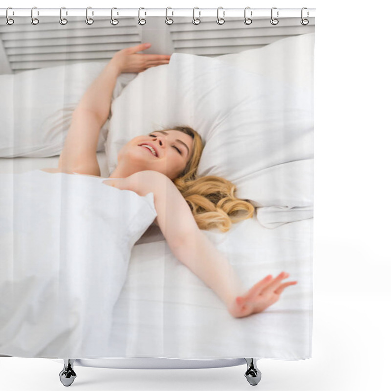 Personality  Happy Young Woman Waking Up On White Bed In Morning Shower Curtains