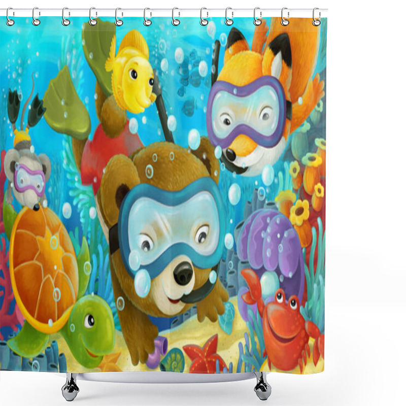 Personality  Cartoon Ocean Scene With Coral Reef And Forest Animals Diving - Illustration For Children Shower Curtains