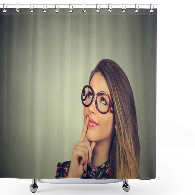 Personality  Happy Beautiful Woman Thinking Looking Up Shower Curtains