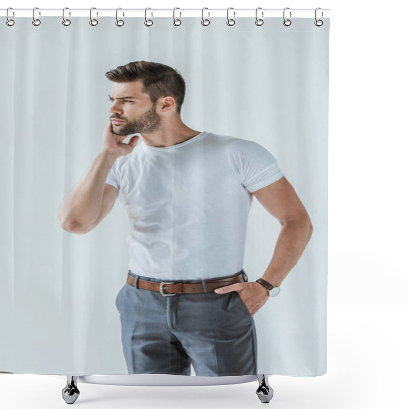 Personality  Stylish Young Man Touching His Beard Isolated On White Background Shower Curtains