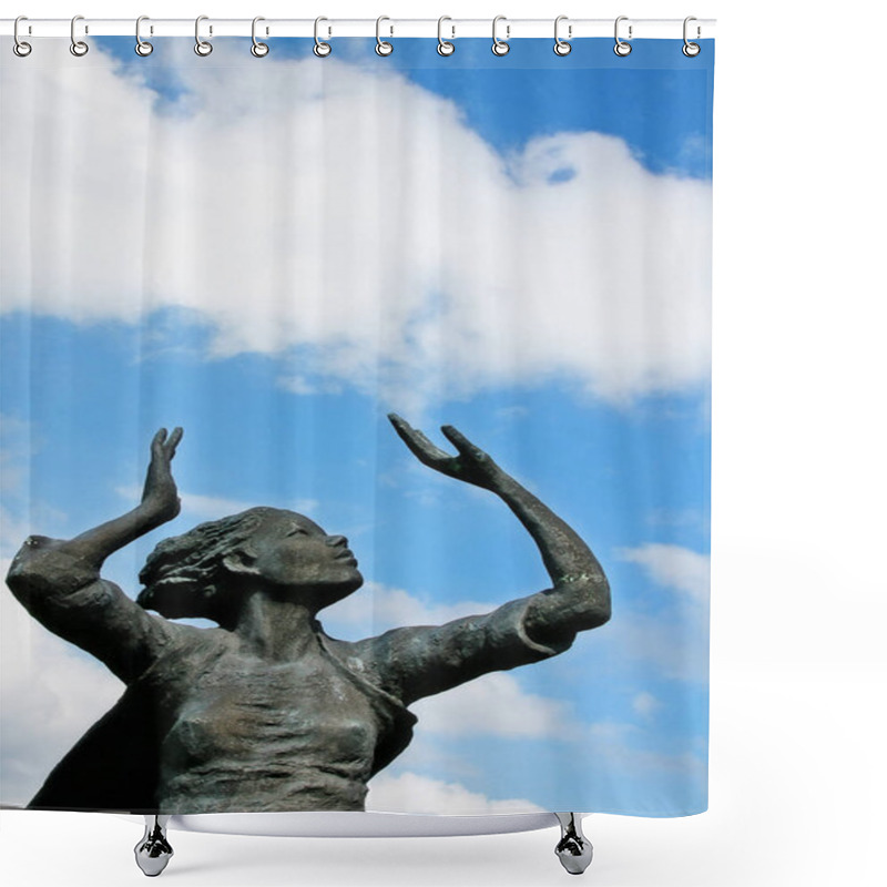 Personality  Hokkaido, Japan - September 6, 2009 - Statue Of Girl With Hand Raising And Cloud On Sky In Background At Lake Toya (Toya-ko) In Shikotsu-Toya National Park, Abuta District, Iburi Subprefecture Shower Curtains